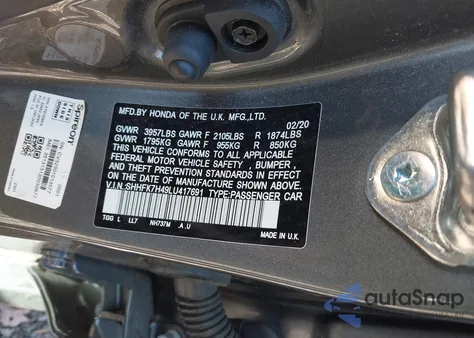 2020 Honda Civic Sport z USA, uszkodzony, nr VIN SHHFK7H49LU417691